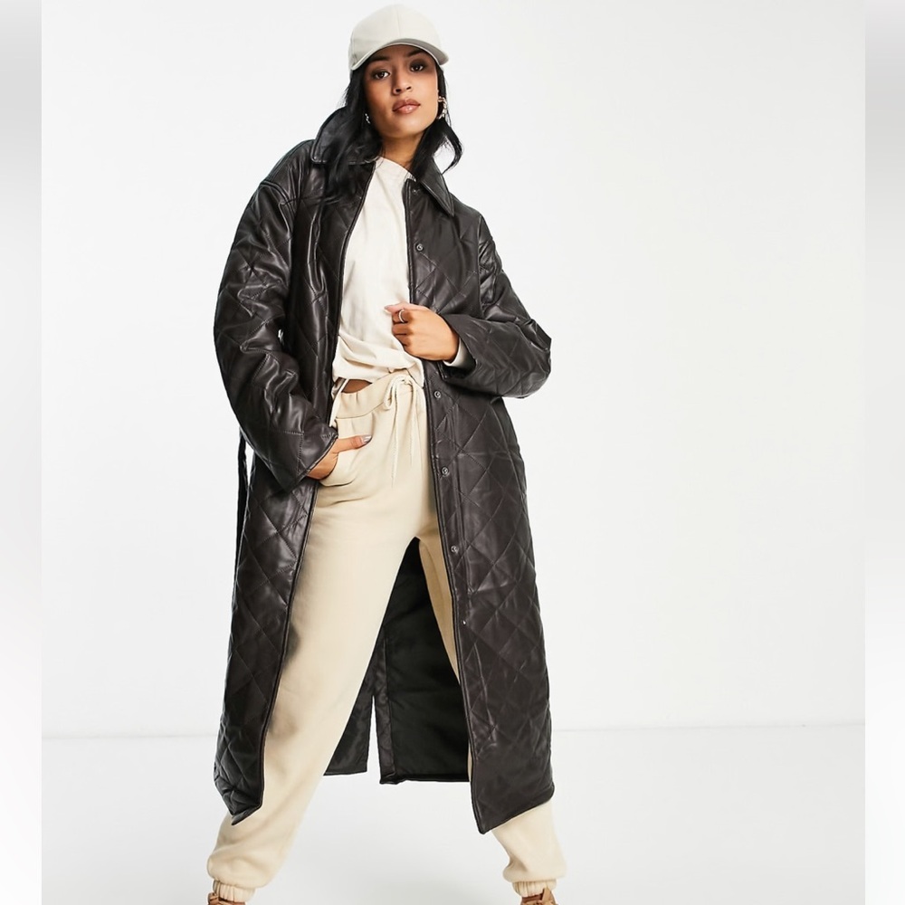 Asos Tall Hero Brown Faux Leather Quilted Coat Sz Small, 2